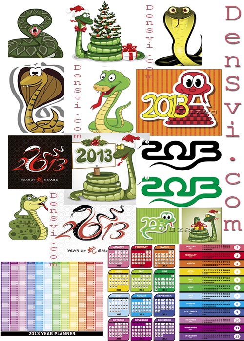Символ 2013 - Год змеи в векторе и календарные сетки